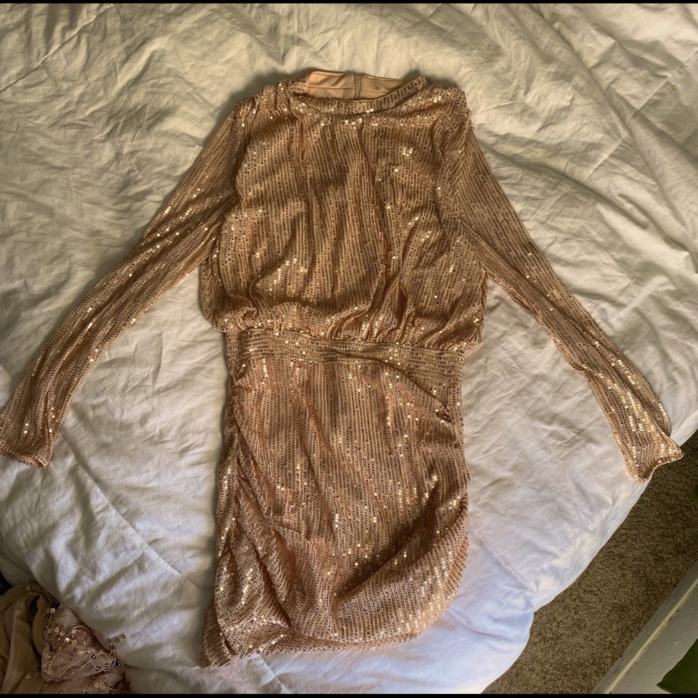 Mock neck ruched sequin dress